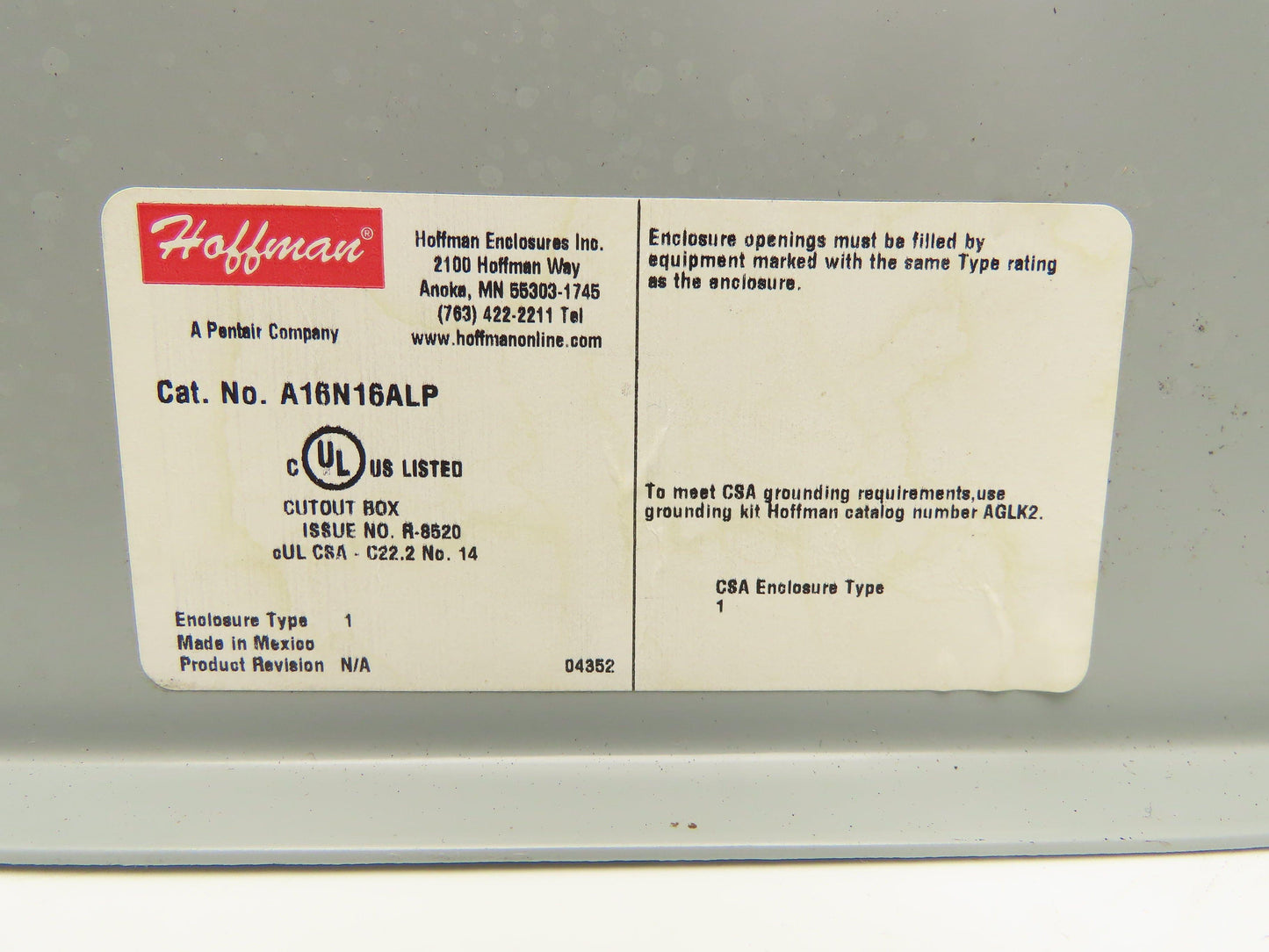 Hoffman A16N16ALP Electrical Enclosure Control Panel 16x16x6" Backplate NEMA 1