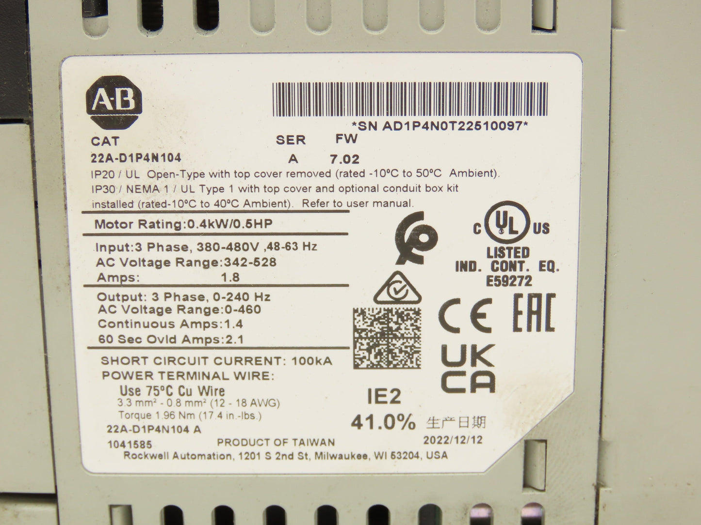 Allen Bradley 22A-D1P4N104 Powerflex 4 VFD Drive 0.5 HP 480V 1.4A FW 7.02 Ser A