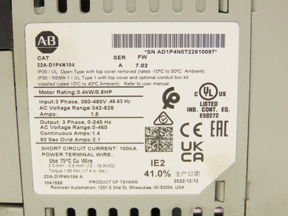 Allen Bradley 22A-D1P4N104 Powerflex 4 VFD Drive 0.5 HP 480V 1.4A FW 7.02 Ser A