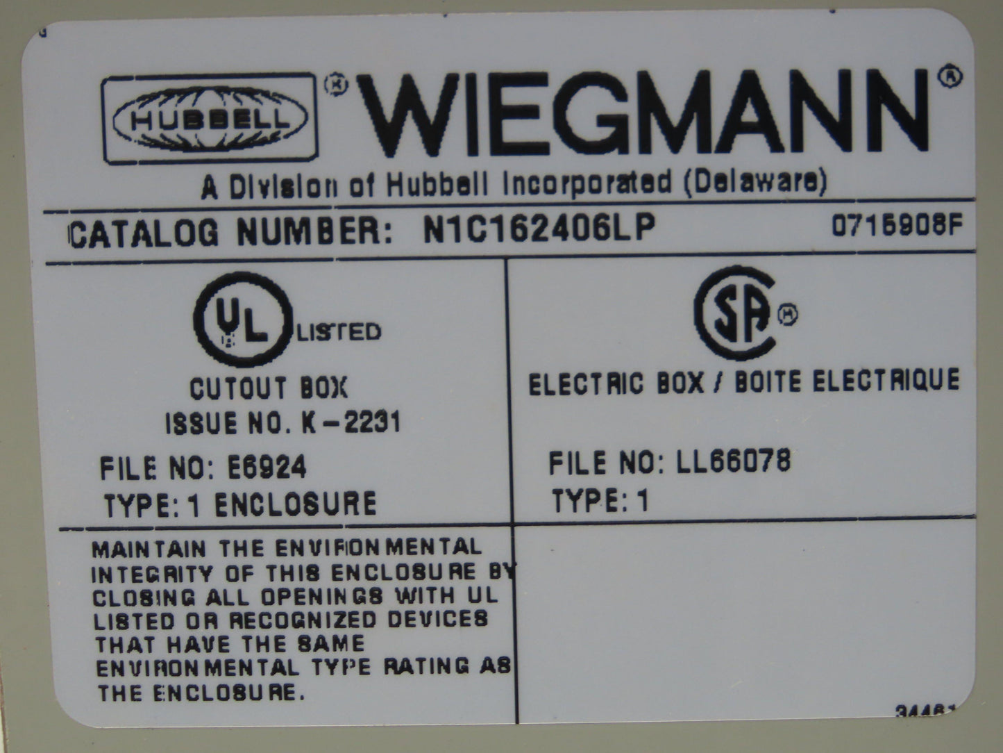 Wiegmann N1C162406LP Electrical Enclosure 24x16x6" Control Panel Switches 7x9"