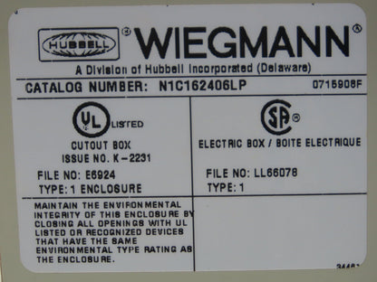Wiegmann N1C162406LP Electrical Enclosure 24x16x6" Control Panel Switches 7x9"