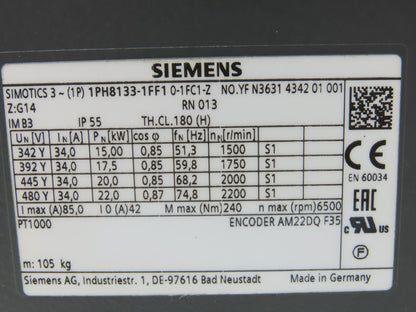 Siemens 1PH8133-1FF1 0-1FC1-Z Servo Motor 480V 3PH Encoder AM22DQ F35