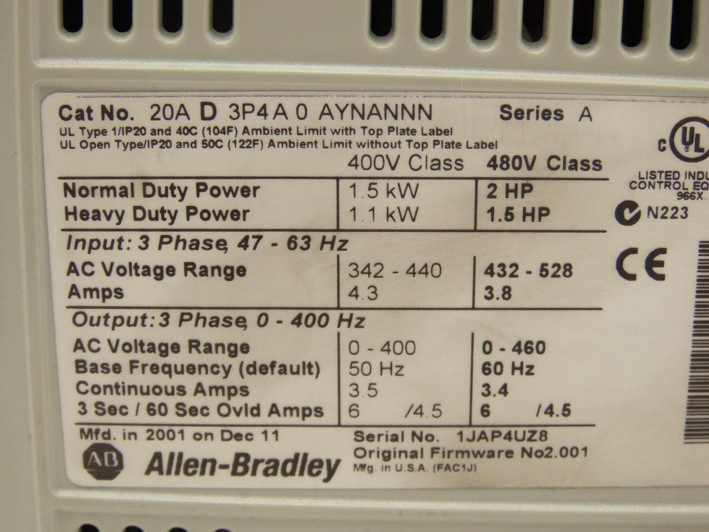 Allen Bradley 20AD3P4A0AYNANNN PowerFlex 70 Variable AC Drive VFD 2Hp 480V 3PH