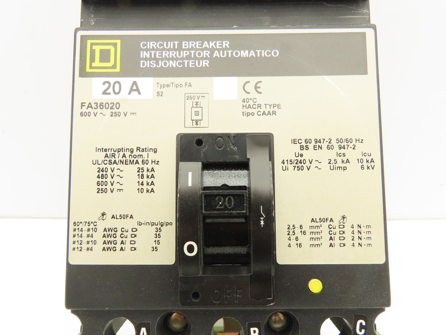 Square D FA36020 I-Line Circuit Breaker 20A 600V 3 Pole Gray Face