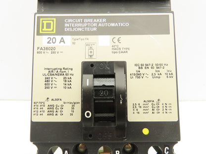 Square D FA36020 I-Line Circuit Breaker 20A 600V 3 Pole Gray Face