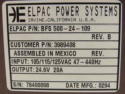Elpac Power Systems BFS 500-24-109 Power Supply 24.6VDC Output 20A