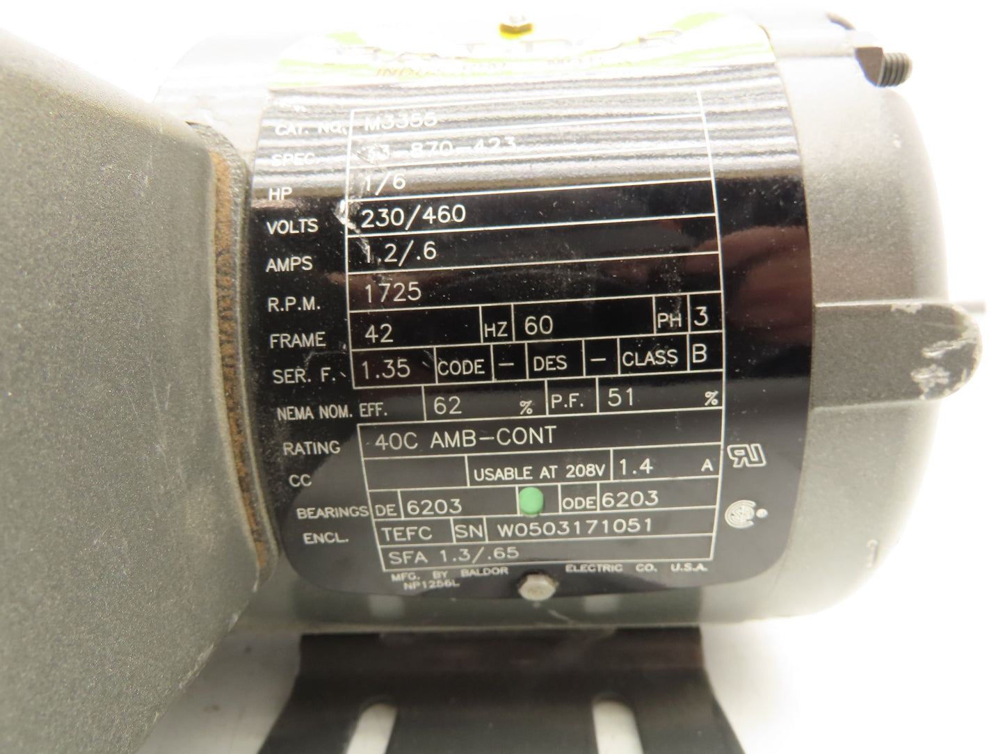 Baldor M3355 AC Motor 1/6Hp 1725 RPM 230/460V 3PH 42 Frame 3/8" Shaft