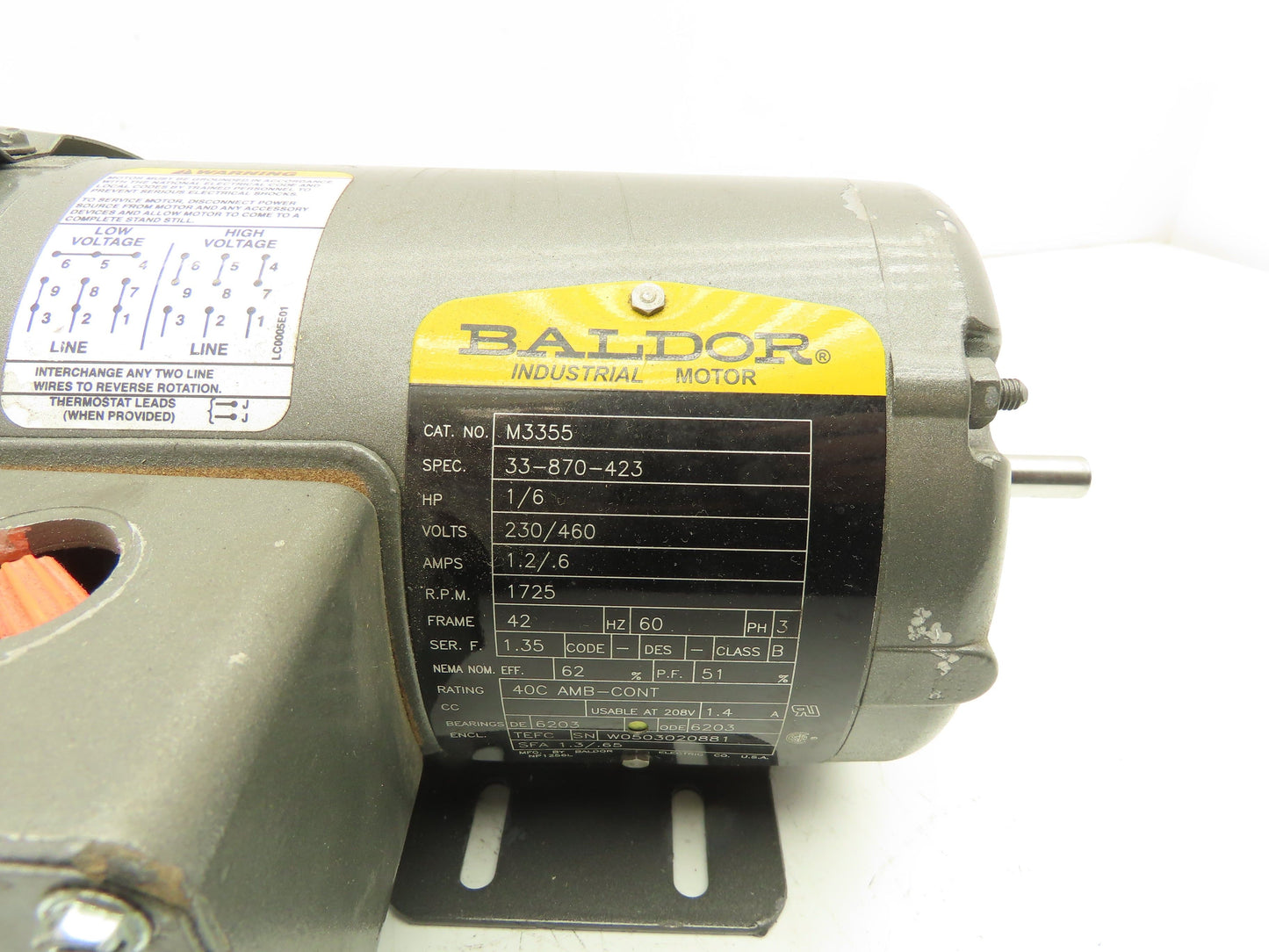 Baldor M3355 AC Motor 1/6Hp 1725 RPM 230/460V 3PH 42 Frame 3/8" Shaft
