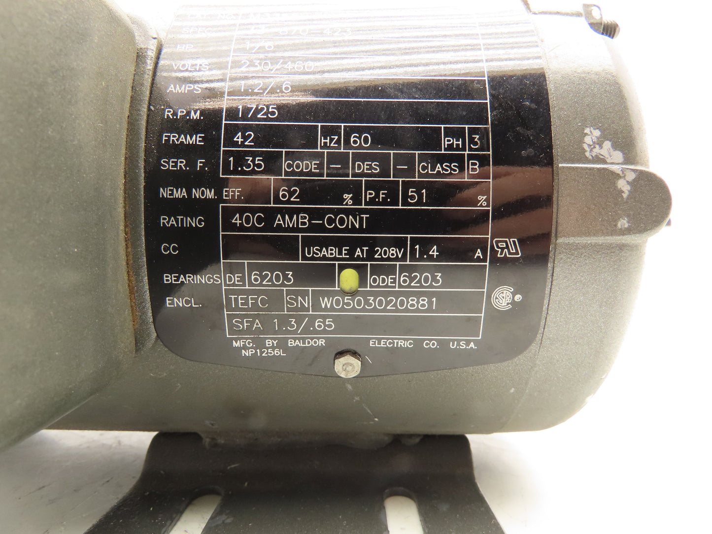 Baldor M3355 AC Motor 1/6Hp 1725 RPM 230/460V 3PH 42 Frame 3/8" Shaft