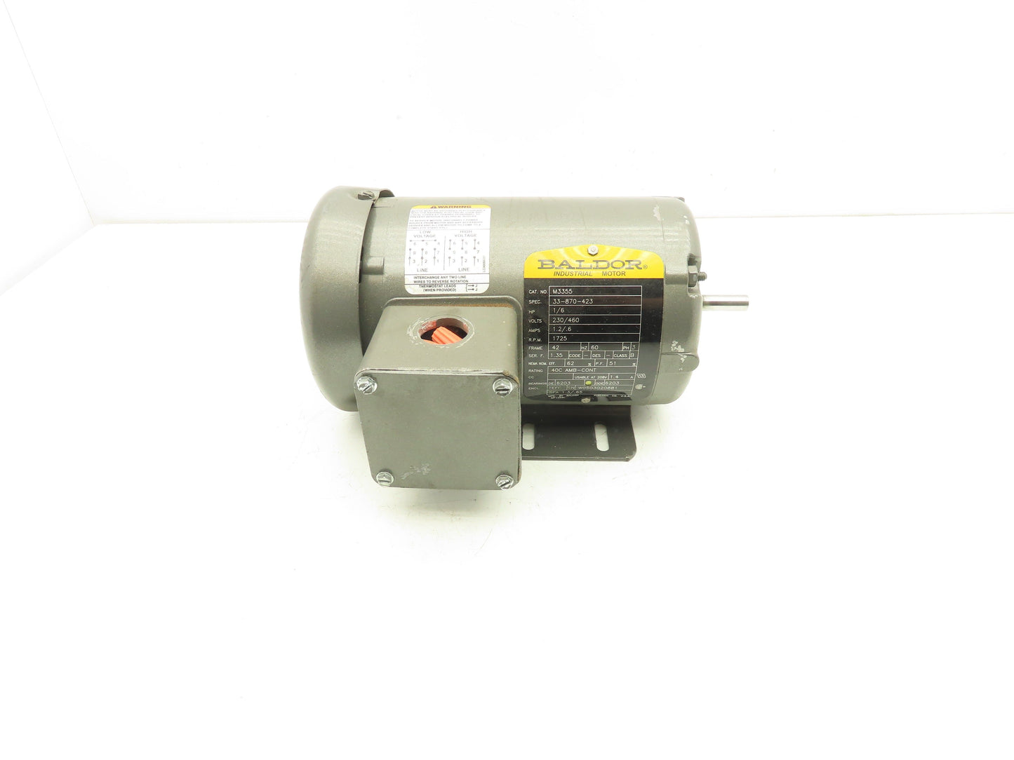 Baldor M3355 AC Motor 1/6Hp 1725 RPM 230/460V 3PH 42 Frame 3/8" Shaft