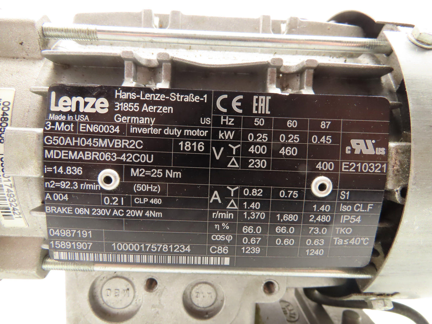 Lenze G50AH045MVBR2C Inline Gearmotor w/Brake 230/460V 3PH 14.8:1 Reducer 113rpm