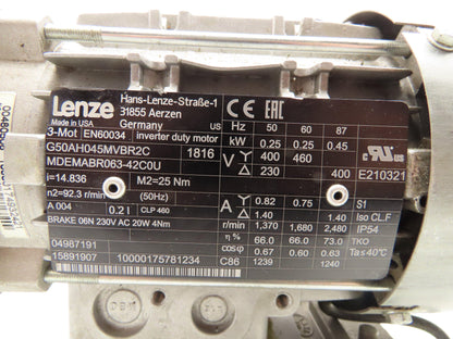 Lenze G50AH045MVBR2C Inline Gearmotor w/Brake 230/460V 3PH 14.8:1 Reducer 113rpm