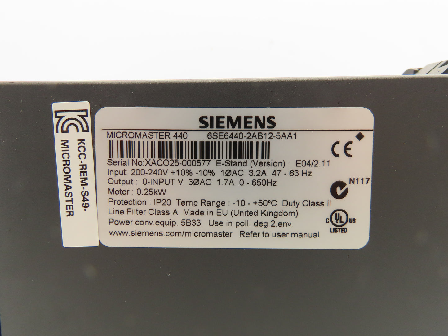 Siemens 6SE6440-2AB12-5AA1 MicroMaster 440 VFD AC Motor Drive 0.25kw 240V 1Ph In