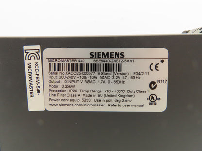 Siemens 6SE6440-2AB12-5AA1 MicroMaster 440 VFD AC Motor Drive 0.25kw 240V 1Ph In