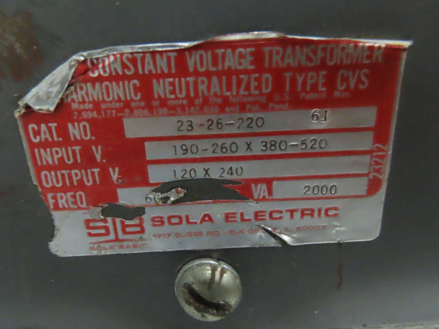 Sola 23-26-220 Constant Voltage Transformer 2kva 2000va HV 240/480 LV 120/240