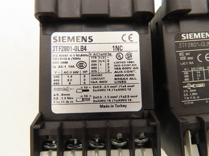 Siemens 3TF2801-0LB4 Contactor Sz 00 3-Pole 16A 1NC 600V 3PH 24VDC Coil Lot of 2