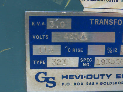 Hevi Duty 1935004T00 32I Stepdown Power Transformer 3KVA 1PH HV 460 LV 110