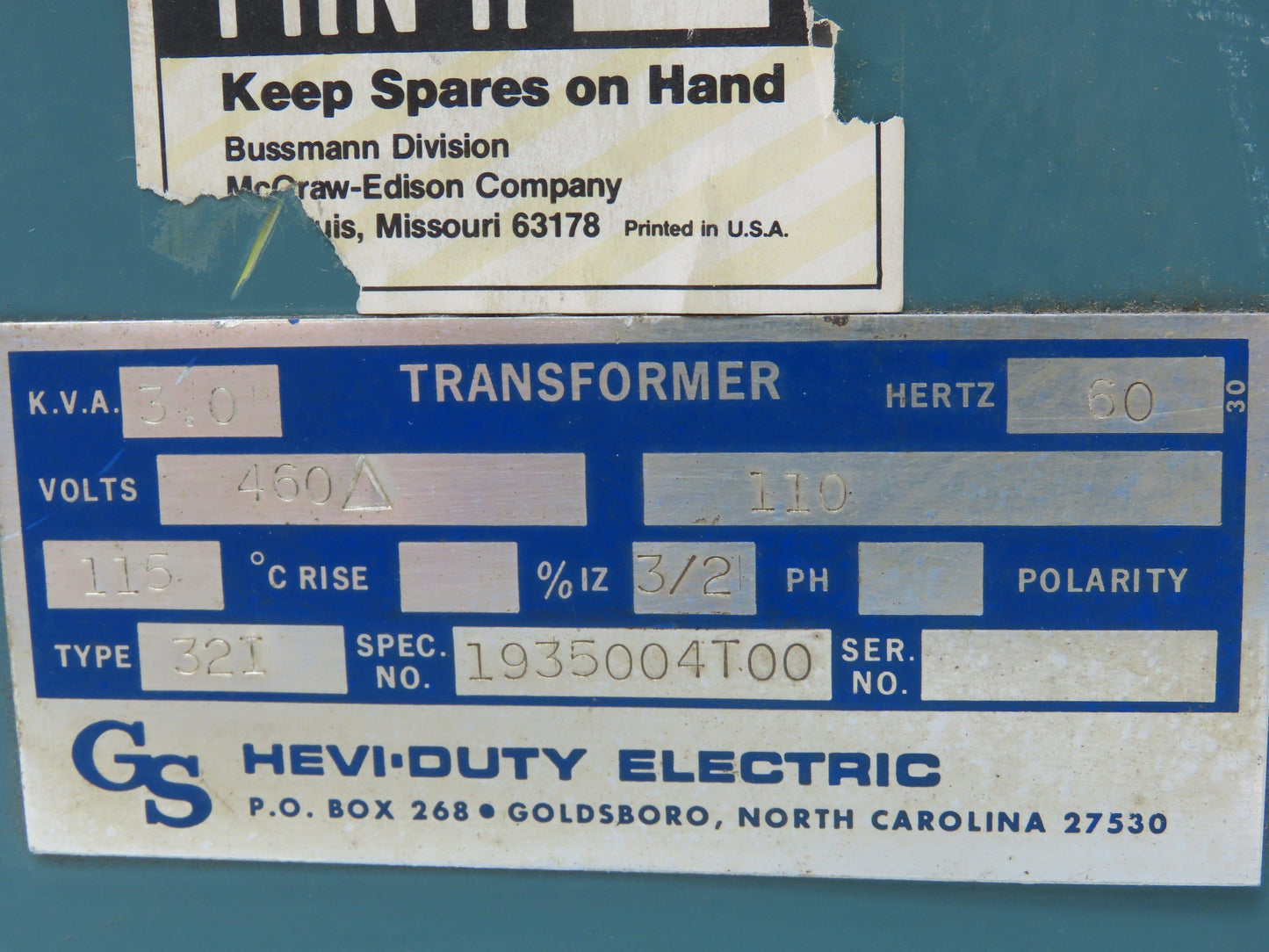 Hevi Duty 1935004T00 32I Stepdown Power Transformer 3KVA 1PH HV 460 LV 110