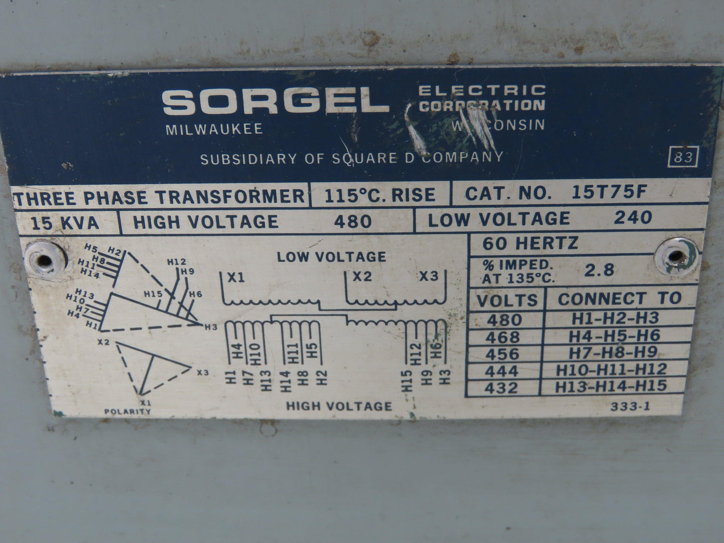 Sorgel 15T75F Stepdown Power Transformer 15 kVA 3Ph HV 480V LV 240V Delta