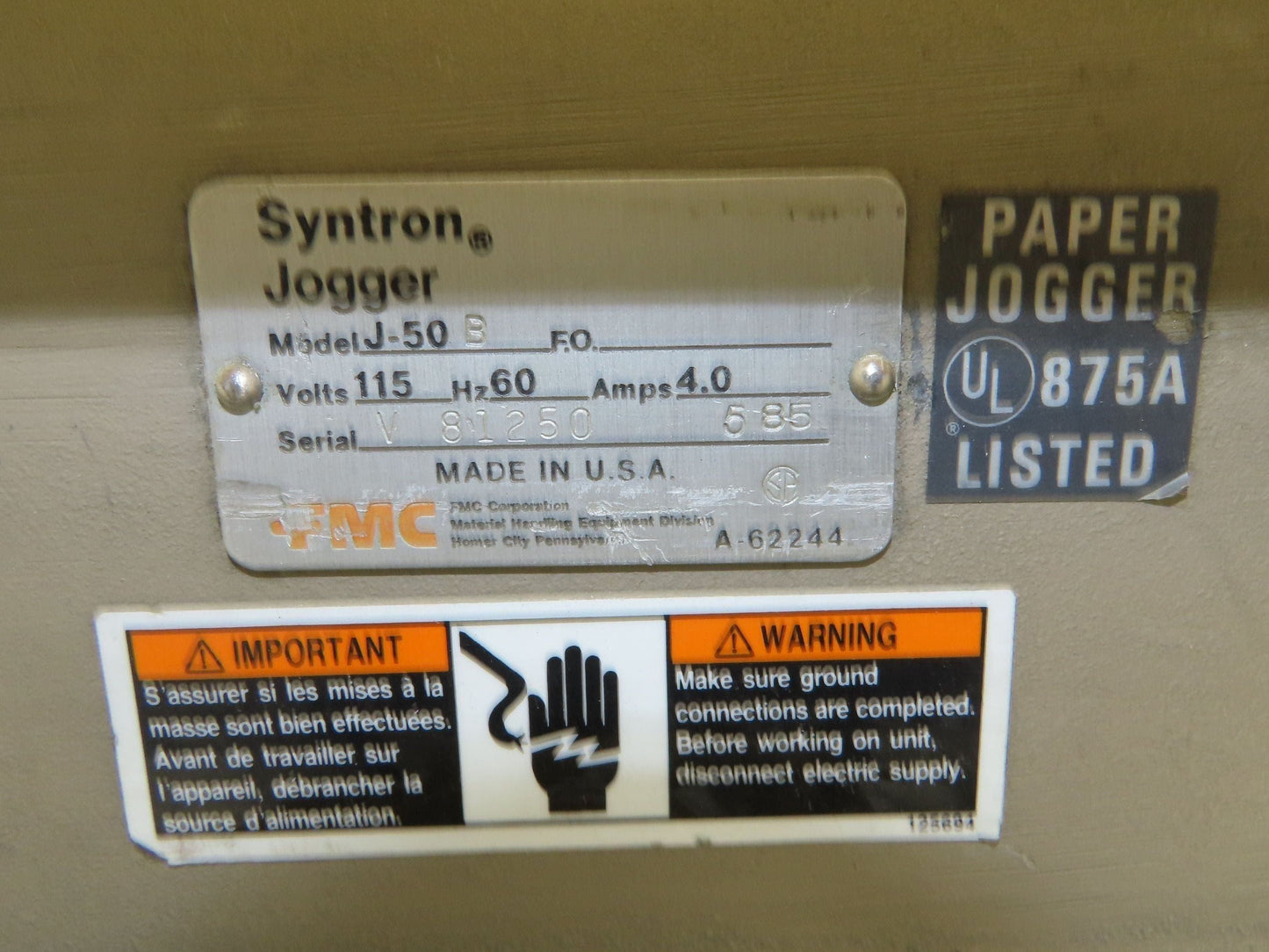 FMC Syntron J-50 Flat Deck Paper Jogger Table 17x22" Plastic Tray Variable Speed