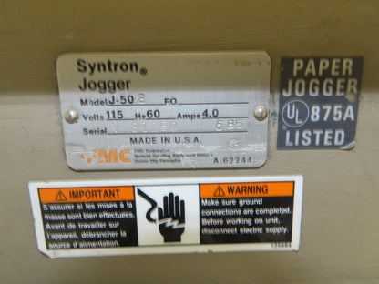FMC Syntron J-50 Flat Deck Paper Jogger Table 17x22" Plastic Tray Variable Speed