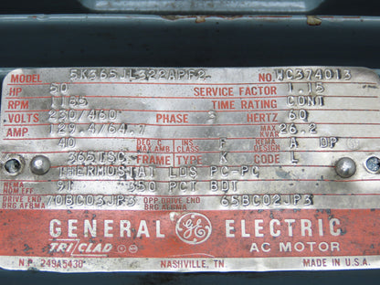 General Electric 5K365JL322APF2 AC Motor 50Hp 1185 RPM 230/460V 3PH 365TSC Frame