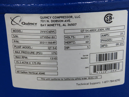 Quincy 2V41C60VC QT-54 Pro Air Compressor 5HP 60 Gal 15.2CFM Two-Stage 230V 1Ph