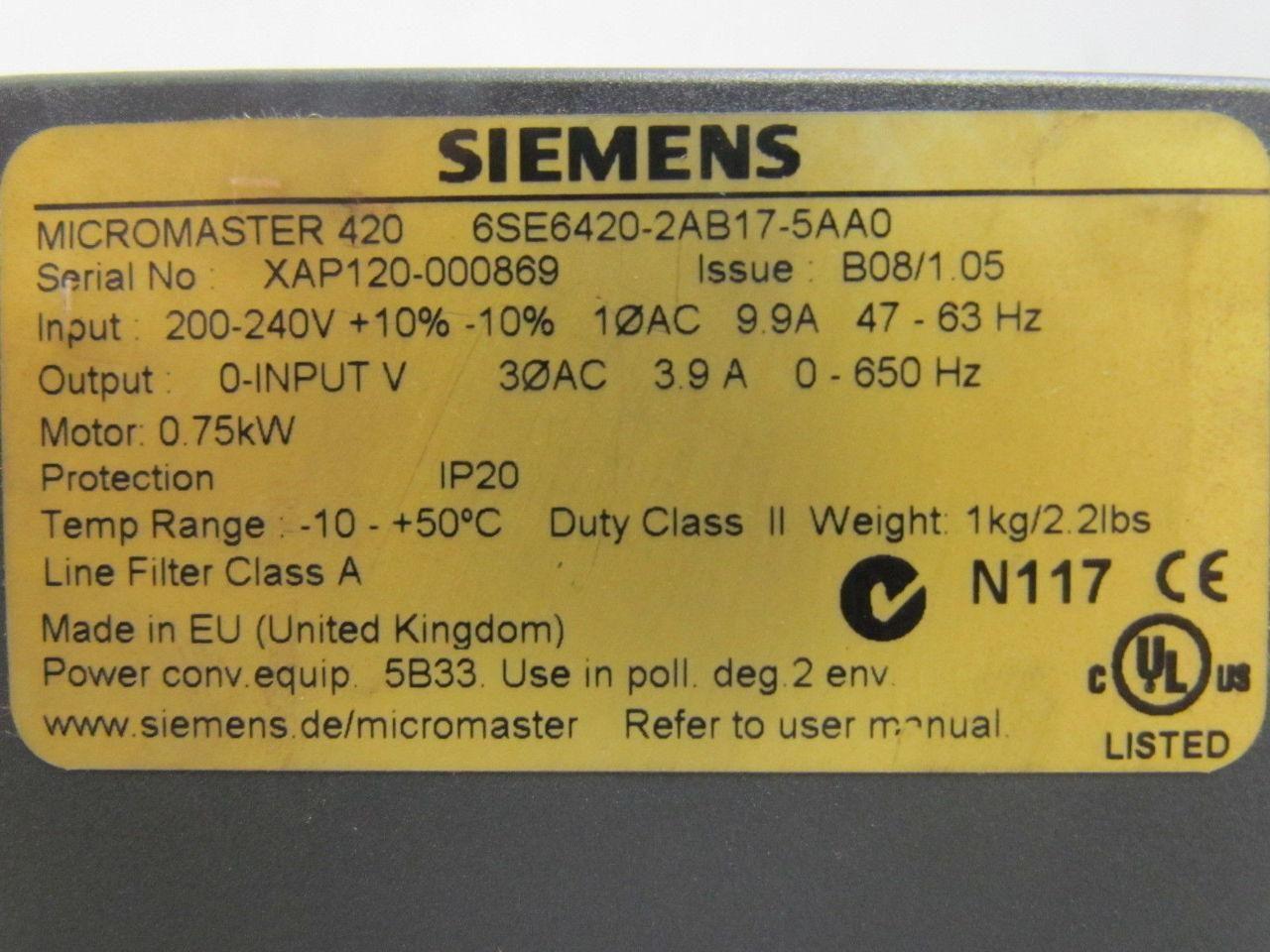 Siemens 6SE6420-2AB17-5AA0 Micromaster 420 VFD Drive Unit 240VAC 1Ph 0.75KW