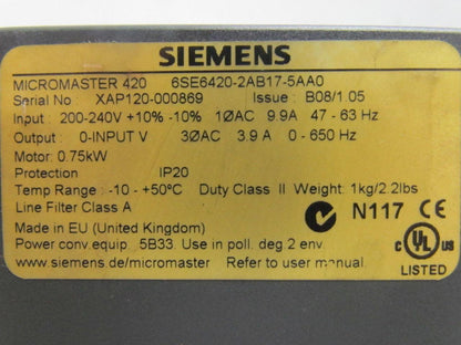 Siemens 6SE6420-2AB17-5AA0 Micromaster 420 VFD Drive Unit 240VAC 1Ph 0.75KW