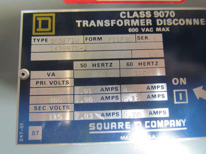 Square D SK5271U Power Transformer 1.0kva 600VAC Pri 230/460V Sec 115V